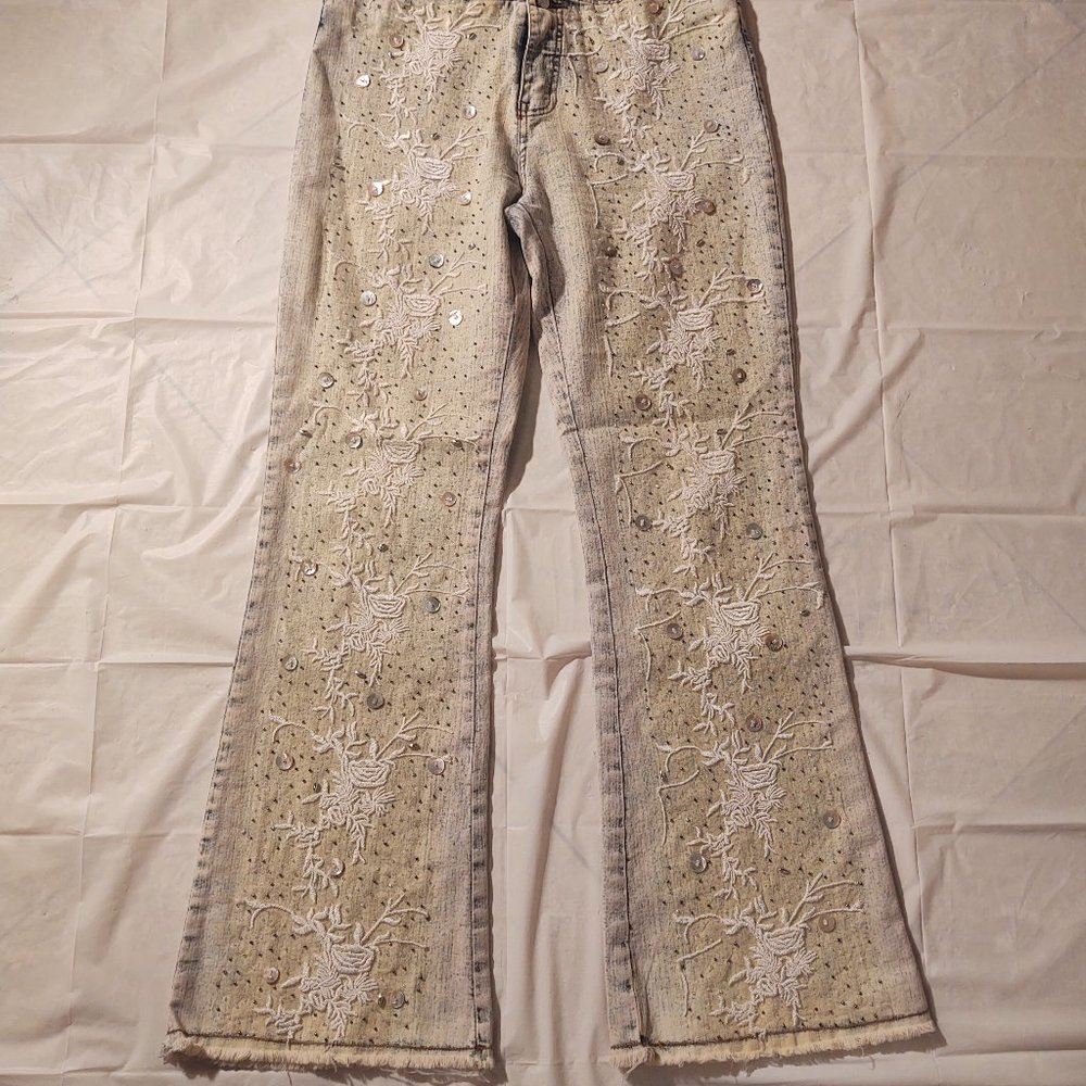 Frosted Denim and Lace Stretch Boot Cut Mid Rise Jeans with Frayed Hem